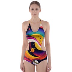 Ai Generated Moon Art Design Graphic Shape Cut-out One Piece Swimsuit by Ravend