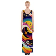 Ai Generated Moon Art Design Graphic Shape Thigh Split Maxi Dress by Ravend