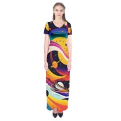 Ai Generated Moon Art Design Graphic Shape Short Sleeve Maxi Dress