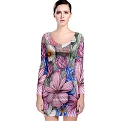 Broken And Budding Watercolor Flowers Long Sleeve Bodycon Dress by GardenOfOphir