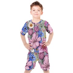 Broken And Budding Watercolor Flowers Kids  Tee And Shorts Set by GardenOfOphir