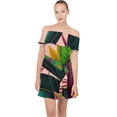 Ai Generated Tropical Leaves Foliage Wallpaper Off Shoulder Chiffon Dress