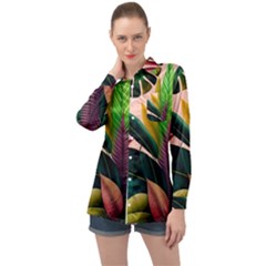 Ai Generated Tropical Leaves Foliage Wallpaper Long Sleeve Satin Shirt