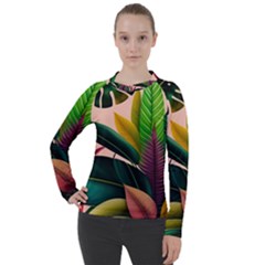 Ai Generated Tropical Leaves Foliage Wallpaper Women s Pique Long Sleeve Tee