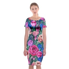 Bright And Brilliant Watercolor Flowers Classic Short Sleeve Midi Dress by GardenOfOphir