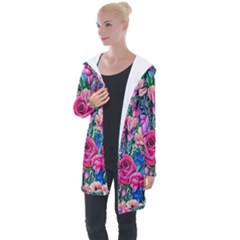 Bright And Brilliant Watercolor Flowers Longline Hooded Cardigan