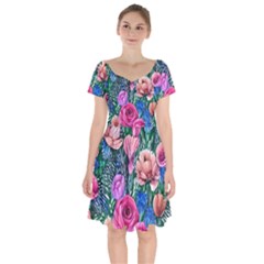 Bright And Brilliant Watercolor Flowers Short Sleeve Bardot Dress by GardenOfOphir