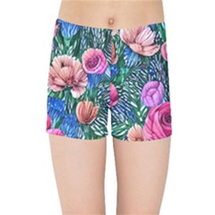 Bright And Brilliant Watercolor Flowers Kids  Sports Shorts by GardenOfOphir