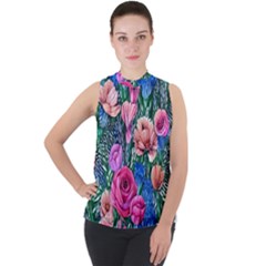 Bright And Brilliant Watercolor Flowers Mock Neck Chiffon Sleeveless Top by GardenOfOphir