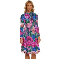 Bright And Brilliant Watercolor Flowers Long Sleeve Shirt Collar A-line Dress by GardenOfOphir