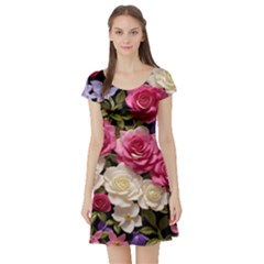 Ai Generated Roses Flowers Petals Bouquet Wedding Short Sleeve Skater Dress