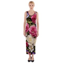 Ai Generated Roses Flowers Petals Bouquet Wedding Fitted Maxi Dress by Ravend
