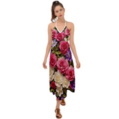 Ai Generated Roses Flowers Petals Bouquet Wedding Halter Tie Back Dress  by Ravend