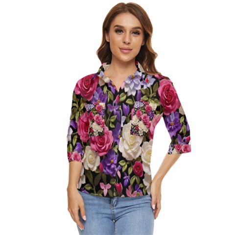 Ai Generated Roses Flowers Petals Bouquet Wedding Women s Quarter Sleeve Pocket Shirt by Ravend