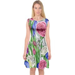 Celestial And Charming Florals Capsleeve Midi Dress by GardenOfOphir