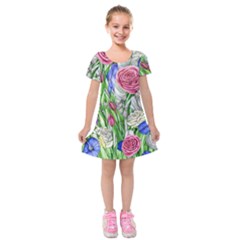 Celestial And Charming Florals Kids  Short Sleeve Velvet Dress by GardenOfOphir