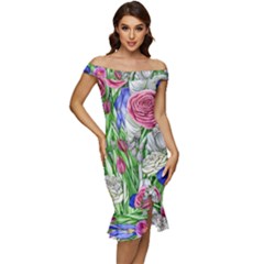 Celestial And Charming Florals Off Shoulder Ruffle Split Hem Bodycon Dress