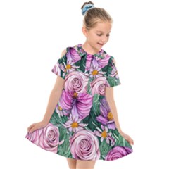 Budding And Captivating Flowers Kids  Short Sleeve Shirt Dress by GardenOfOphir