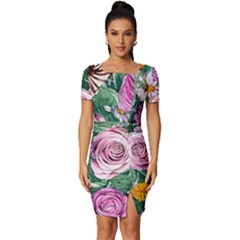 Budding And Captivating Flowers Fitted Knot Split End Bodycon Dress by GardenOfOphir