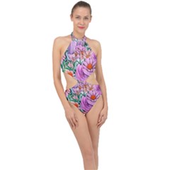 Bright And Brilliant Bouquet Halter Side Cut Swimsuit by GardenOfOphir