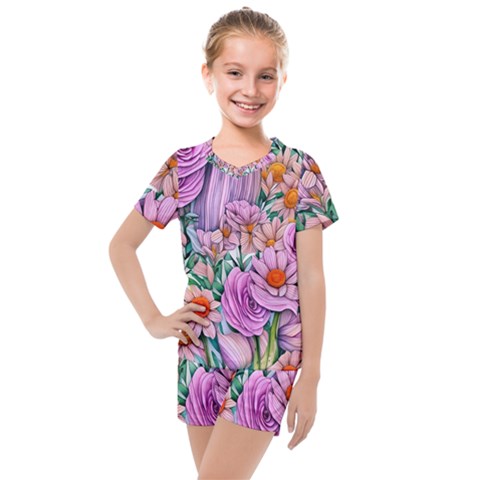 Bright And Brilliant Bouquet Kids  Mesh Tee And Shorts Set by GardenOfOphir