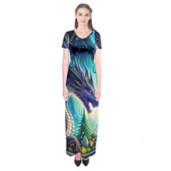 Ai Generated Dragon Fractal Art Texture Short Sleeve Maxi Dress