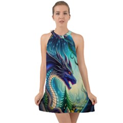 Ai Generated Dragon Fractal Art Texture Halter Tie Back Chiffon Dress