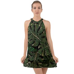 Monstera Plant Tropical Jungle Leaves Pattern Halter Tie Back Chiffon Dress