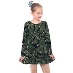 Monstera Plant Tropical Jungle Leaves Pattern Kids  Long Sleeve Dress