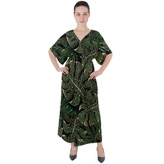 Monstera Plant Tropical Jungle Leaves Pattern V-neck Boho Style Maxi Dress