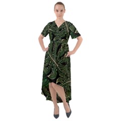 Monstera Plant Tropical Jungle Leaves Pattern Front Wrap High Low Dress by Ravend
