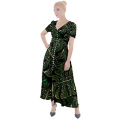Monstera Plant Tropical Jungle Leaves Pattern Button Up Short Sleeve Maxi Dress by Ravend