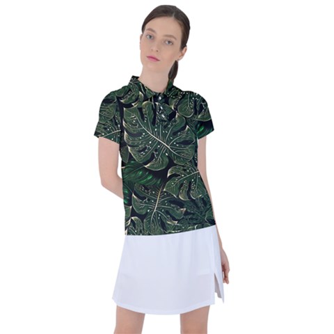 Monstera Plant Tropical Jungle Leaves Pattern Women s Polo Tee by Ravend