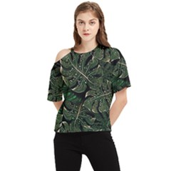 Monstera Plant Tropical Jungle Leaves Pattern One Shoulder Cut Out Tee