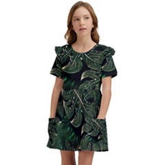 Monstera Plant Tropical Jungle Leaves Pattern Kids  Frilly Sleeves Pocket Dress by Ravend