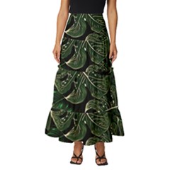 Monstera Plant Tropical Jungle Leaves Pattern Tiered Ruffle Maxi Skirt