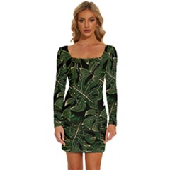 Monstera Plant Tropical Jungle Leaves Pattern Long Sleeve Square Neck Bodycon Velvet Dress