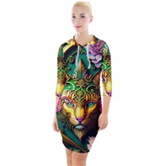 Ai Generated Paisley Pattern Feline Floral Quarter Sleeve Hood Bodycon Dress by Ravend