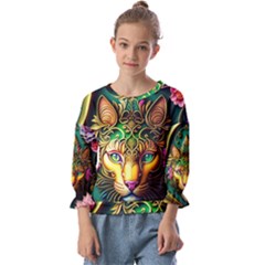 Ai Generated Paisley Pattern Feline Floral Kids  Cuff Sleeve Top