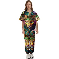 Ai Generated Paisley Pattern Feline Floral Kids  Tee And Pants Sports Set by Ravend
