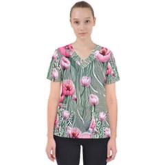 Pure And Radiant Watercolor Flowers Women s V-neck Scrub Top by GardenOfOphir