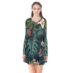 Flowers Monstera Foliage Tropical Jungle Drawing Long Sleeve V-neck Flare Dress