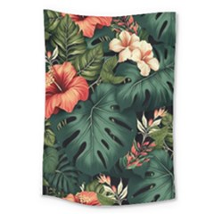 Flowers Monstera Foliage Tropical Jungle Drawing Large Tapestry
