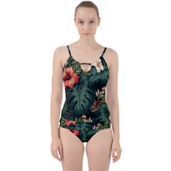 Flowers Monstera Foliage Tropical Jungle Drawing Cut Out Top Tankini Set