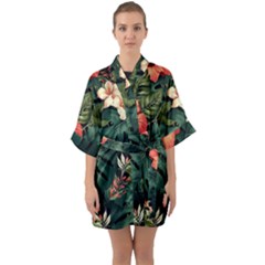 Flowers Monstera Foliage Tropical Jungle Drawing Half Sleeve Satin Kimono 