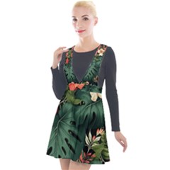 Flowers Monstera Foliage Tropical Jungle Drawing Plunge Pinafore Velour Dress by Ravend
