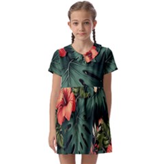 Flowers Monstera Foliage Tropical Jungle Drawing Kids  Asymmetric Collar Dress