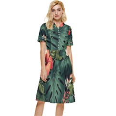 Flowers Monstera Foliage Tropical Jungle Drawing Button Top Knee Length Dress