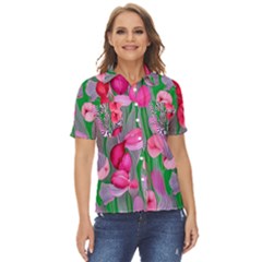Mysterious And Enchanting Watercolor Flowers Women s Short Sleeve Double Pocket Shirt