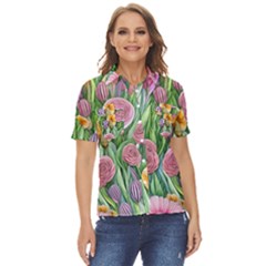 Delicate And Dazzling Watercolor Flowers Women s Short Sleeve Double Pocket Shirt
